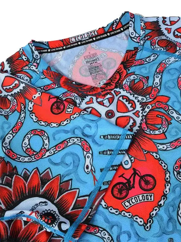Men's cycling jersey with red octopus and bike chain print, breathable fabric, zipper front