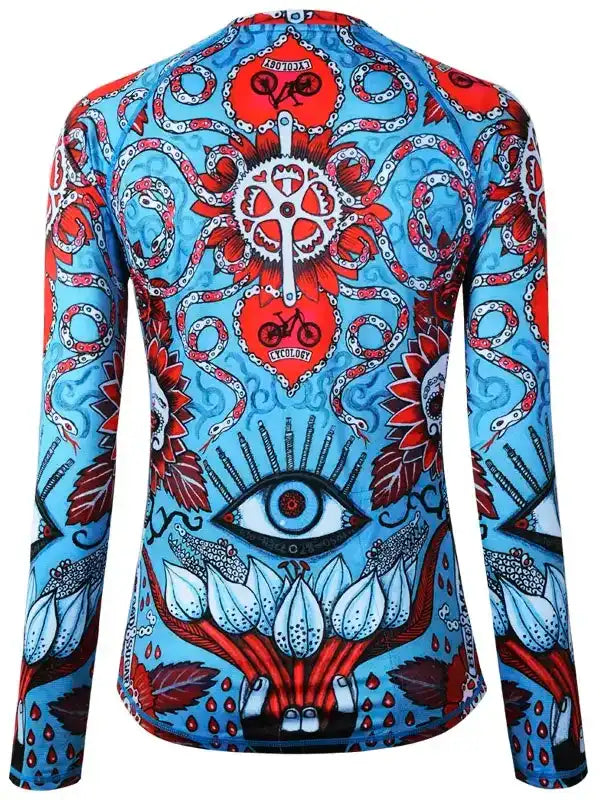 Men's long sleeve cycling jersey with vibrant blue and red octopus, eye, and bike chain print design