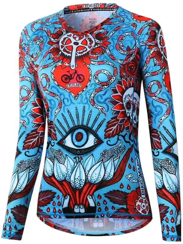 Women's long sleeve cycling jersey with vibrant blue, red, and white psychedelic design featuring eye, heart, and bike motifs