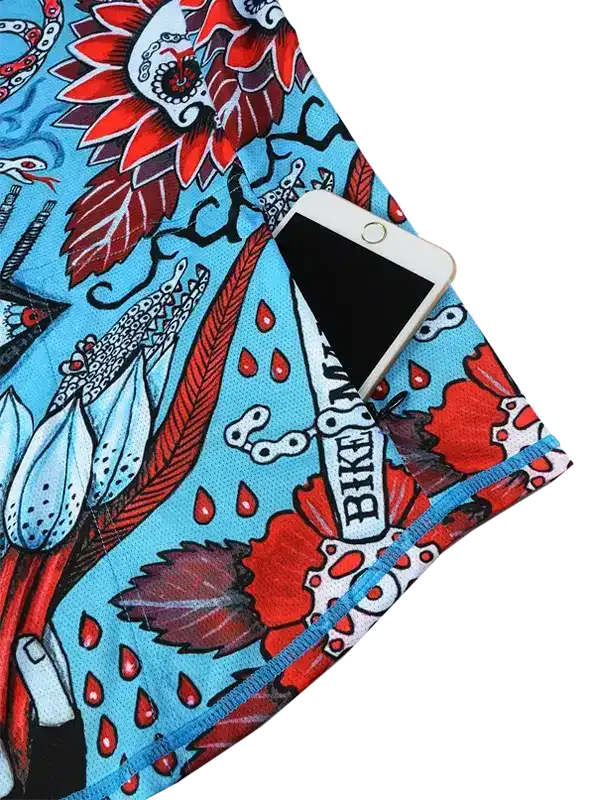 Vibrant cycling jersey with red floral and bike chain print, phone in pocket, blue trim