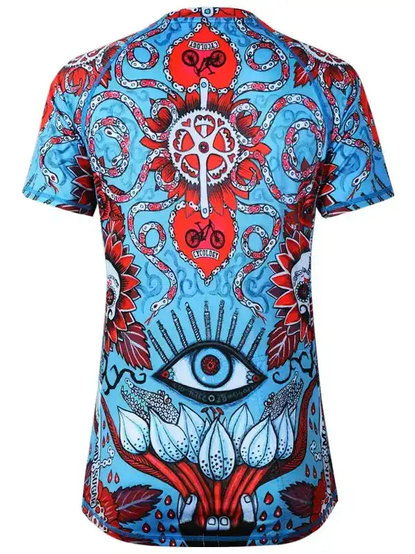 Men's cycling jersey with bold blue and red octopus, eye, and bike gear design