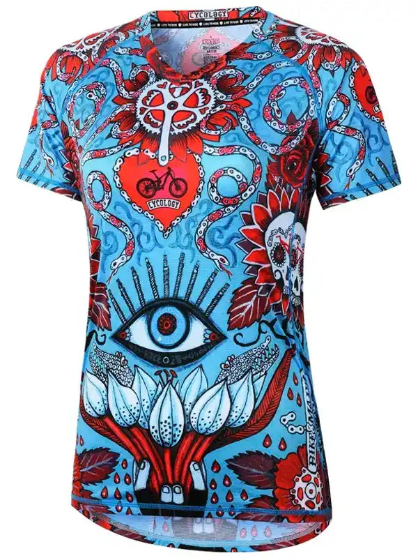 Blue cycling jersey with red octopus, eye, and bike gear design for men or women