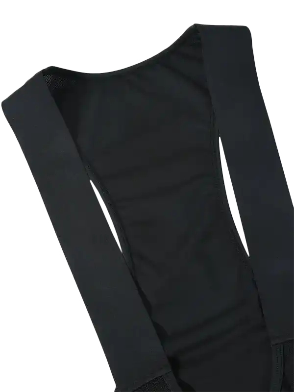 Black cycling bib shorts with ergonomic straps and breathable mesh back panel for comfort