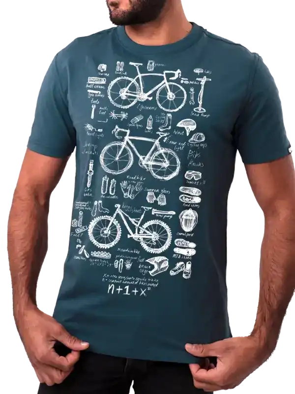 Men's cycling t-shirt with bike parts graphic design, ideal for road and mountain biking enthusiasts