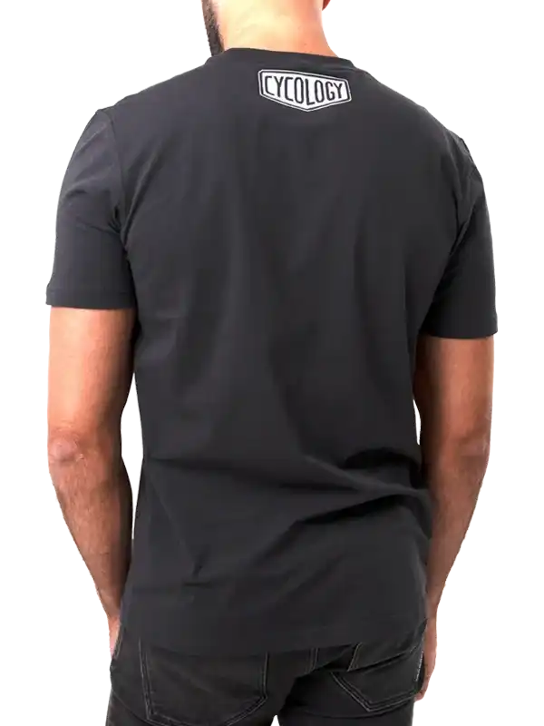 Black men's cycling t-shirt with white Cycology logo on back, casual fit for active wear