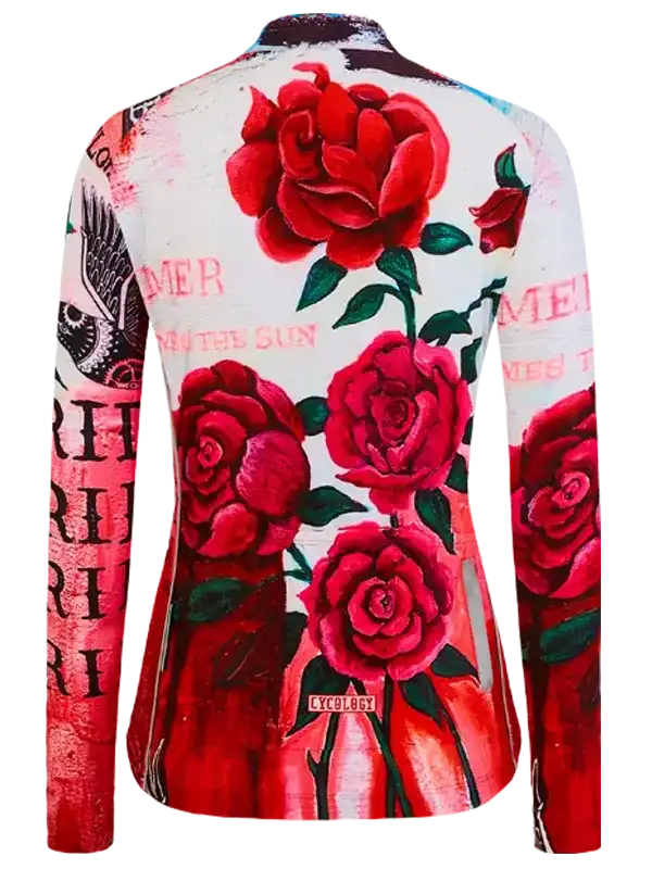 Women's cycling jersey with red rose print and artistic text design, long sleeve, vibrant floral pattern