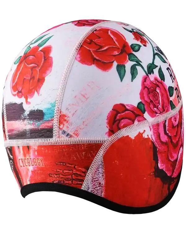 Cycling helmet with red rose print and artistic design for road bike riders
