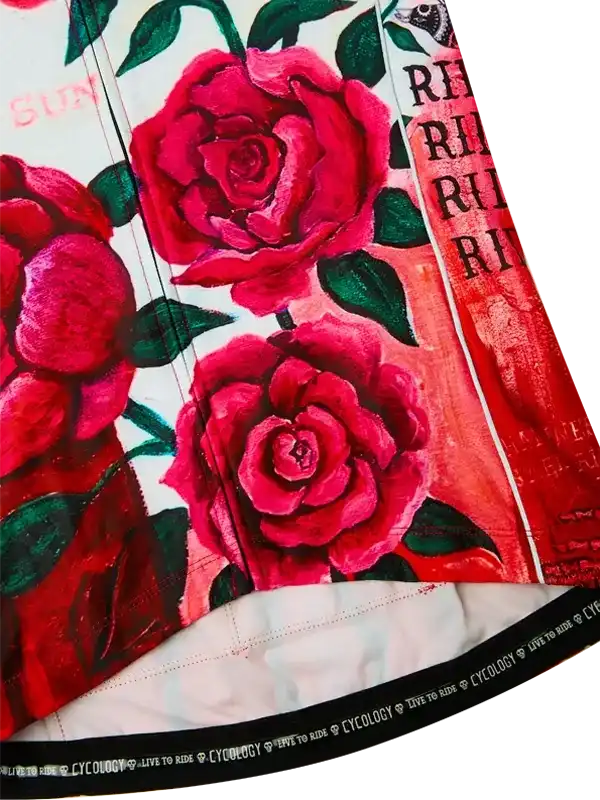 Women's cycling jersey with bold red rose print and 'Live to Ride' hem detail