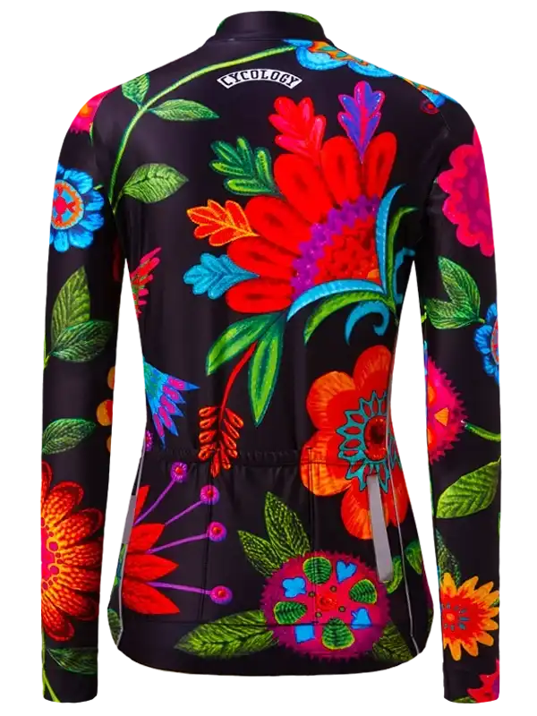 Women's cycling jersey with vibrant floral print, long sleeves, and rear pockets for storage