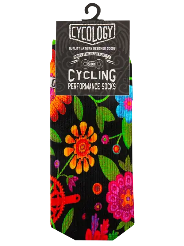 Colorful floral cycling performance socks with bike gear design, ideal for men and women riders