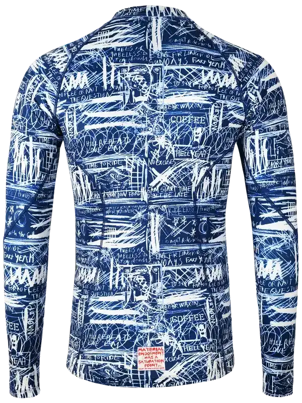 Men's cycling jersey with bold white graffiti-style print on navy blue, featuring motivational phrases and abstract designs.