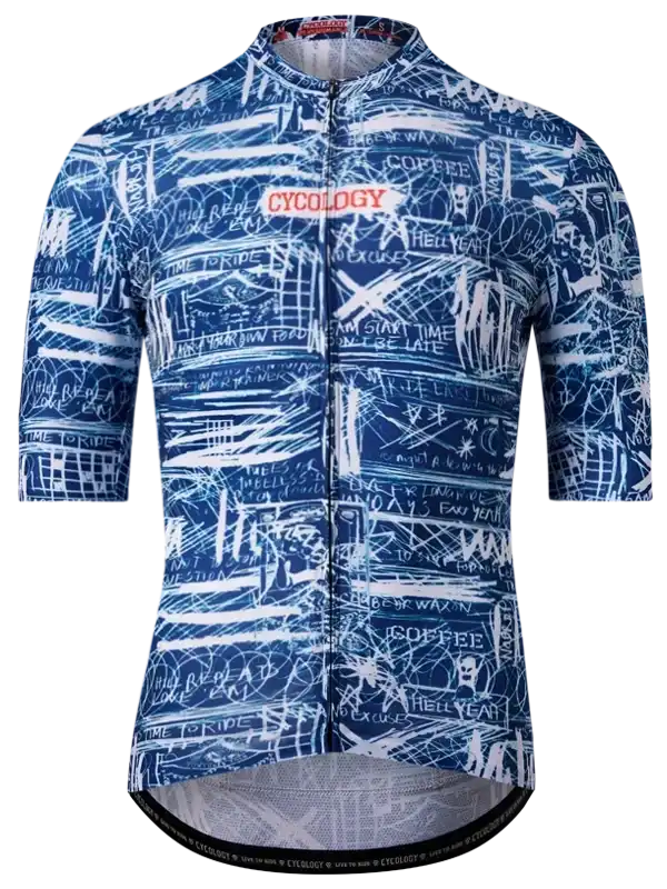 Blue cycling jersey with white graffiti-style print, featuring 'CYCOLOGY' logo and motivational phrases for men's and women's bike wear.