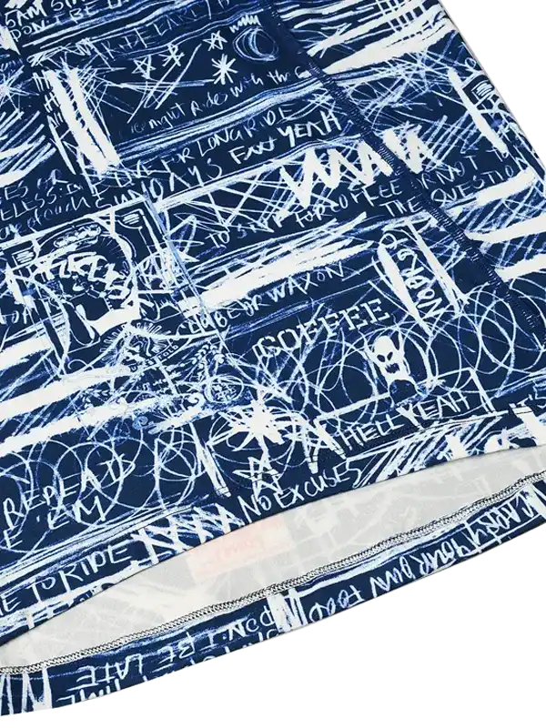 Blue cycling jersey with white graffiti-style graphics and motivational phrases for men and women riders