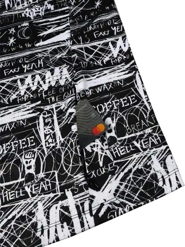 Black and white graffiti-style cycling jersey with bold text print and zipper detail