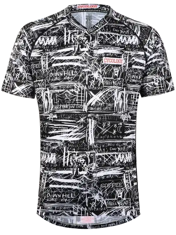 Men's cycling jersey with bold black and white graffiti-style print, featuring motivational phrases and Cycology logo.