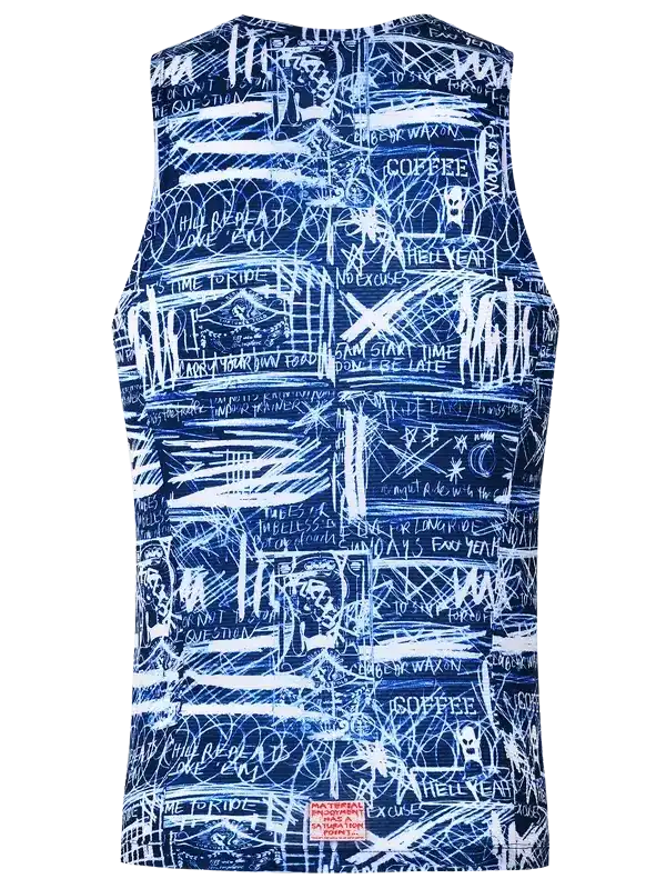 Blue cycling jersey with white graffiti-style print, featuring motivational phrases and bold graphics for men's and women's rides.