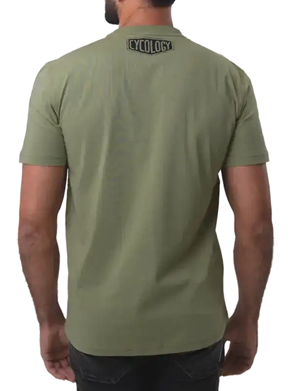 Men's olive green cycling t-shirt with small logo on back, ideal for casual or active wear