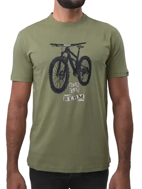 Men's olive green cycling t-shirt with mountain bike graphic and 'Berm Baby Berm' text