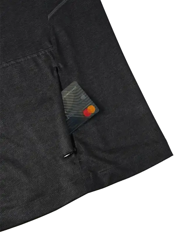 Black cycling jersey with secure rear pocket holding credit card, ideal for rides