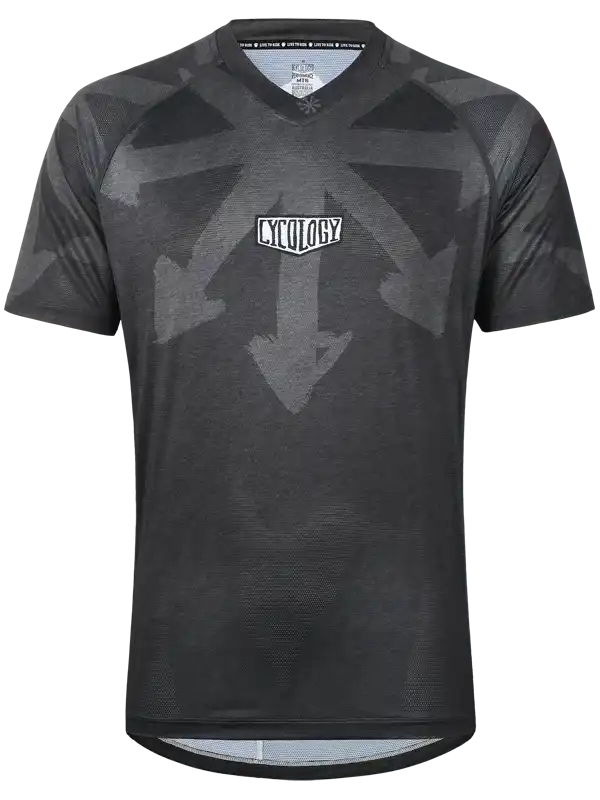 Men's black cycling jersey with geometric arrow print and Cycology logo, breathable performance fabric