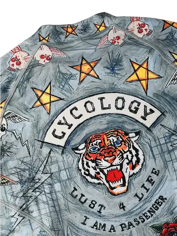 Cycling jersey with tiger graphic, stars, and 'Cycology' logo for men's and women's bike wear