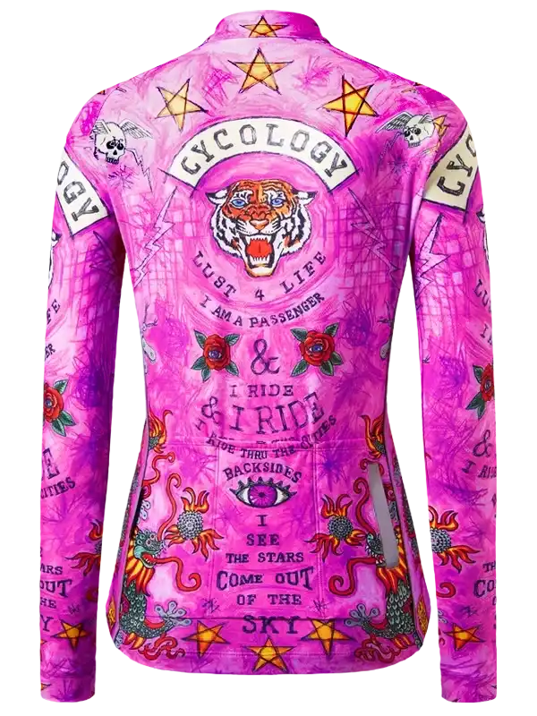 Pink cycling jersey with tiger, stars, roses, and bold graphics for men's and women's bike rides