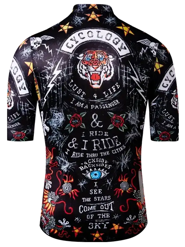 Men's cycling jersey with tiger graphic, roses, and bold text on black background for road biking