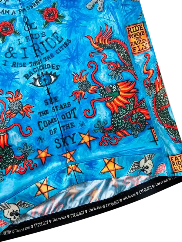 Blue cycling jersey with dragon, roses, stars, and bold text designs for men and women riders