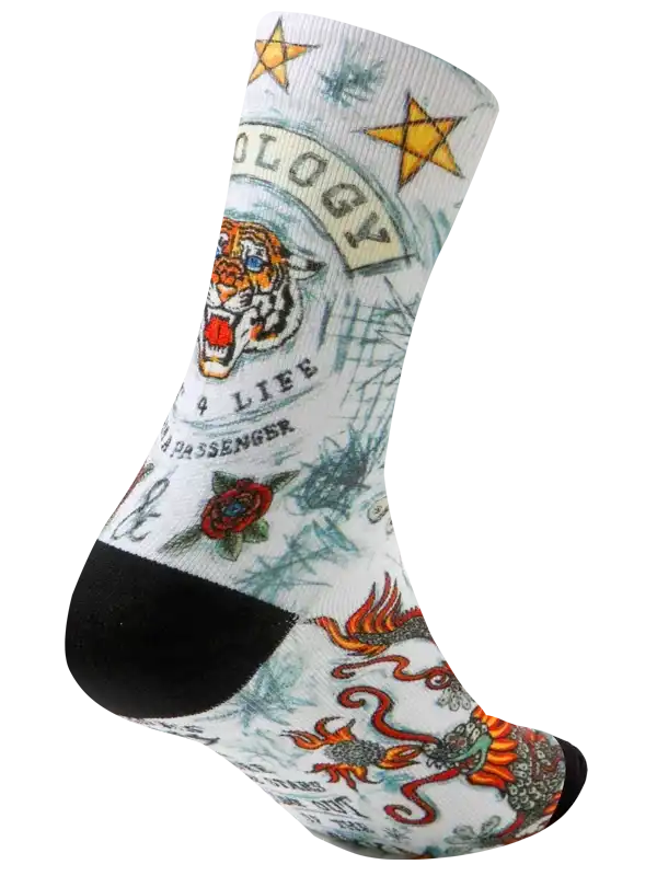 Cycling sock with tiger, dragon, and star tattoo design for men and women
