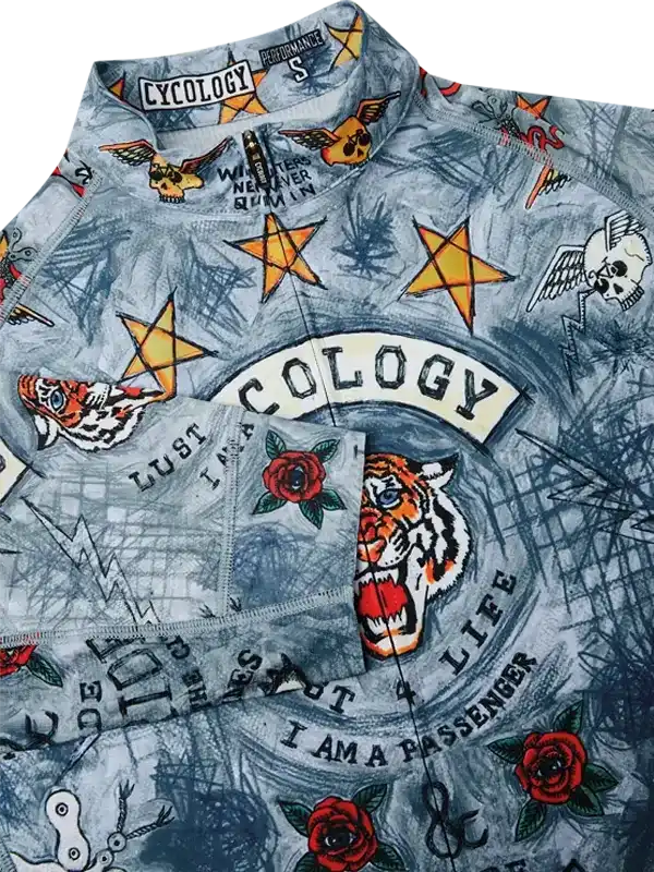 Men's cycling jersey with tiger, roses, stars, and skulls print, performance fabric, half-zip design
