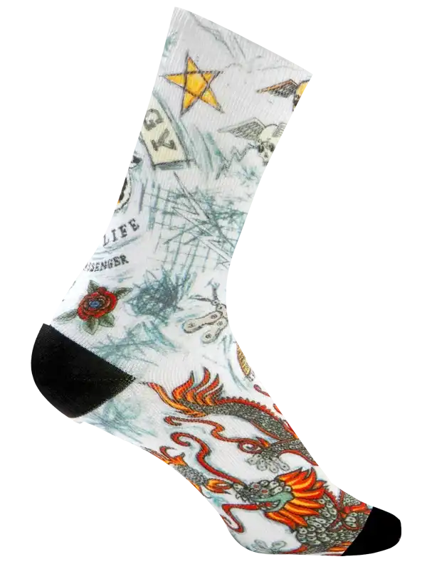Men's cycling sock with dragon, star, and rose tattoo-style print on white background