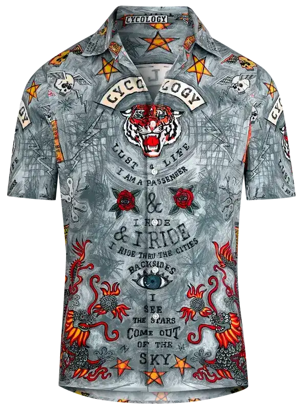 Men's cycling shirt with bold tiger, dragon, and skull designs, ideal for urban riders