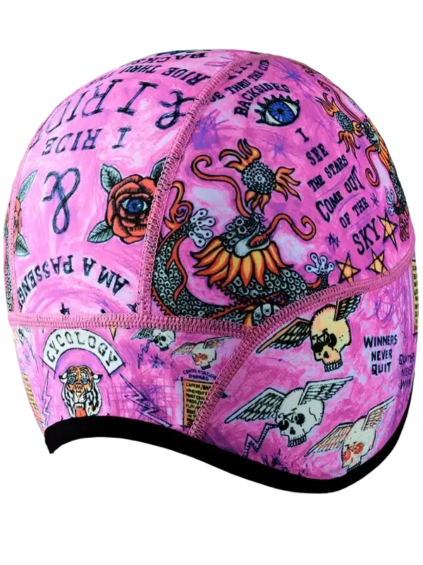 Pink cycling cap with dragon, skulls, and bold graphics for men's and women's bike rides