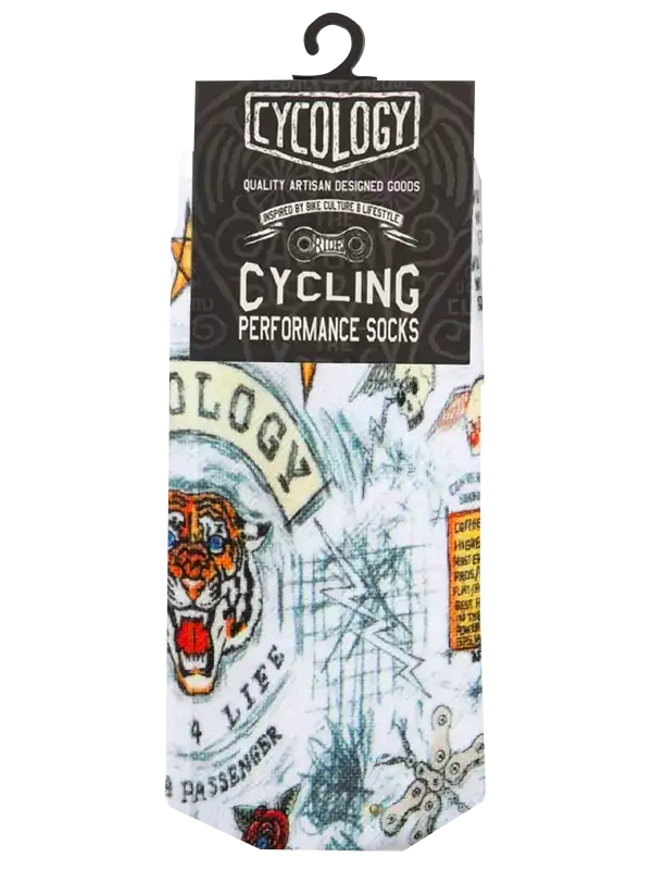 Cycling performance socks with bold tiger graphic and tattoo-style design for men and women