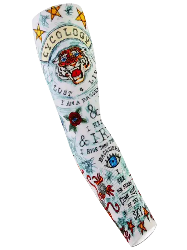 Cycling arm sleeve with tiger, stars, and tattoo-style graphics for men and women
