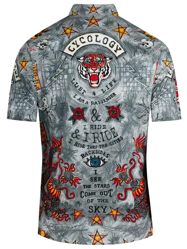 Men's cycling shirt with tiger, stars, and bold graphics for urban rides