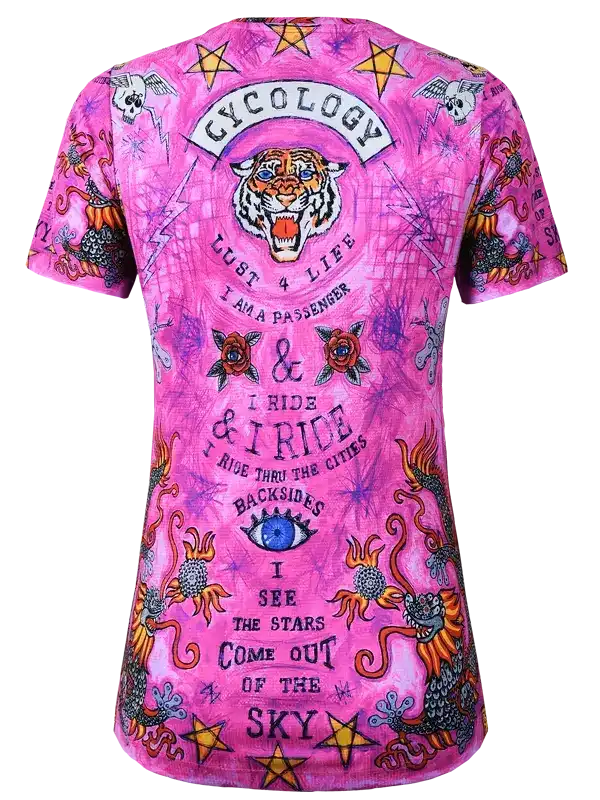 Pink women's cycling jersey with tiger, dragons, stars, and 'I Ride' text, bold graphic design