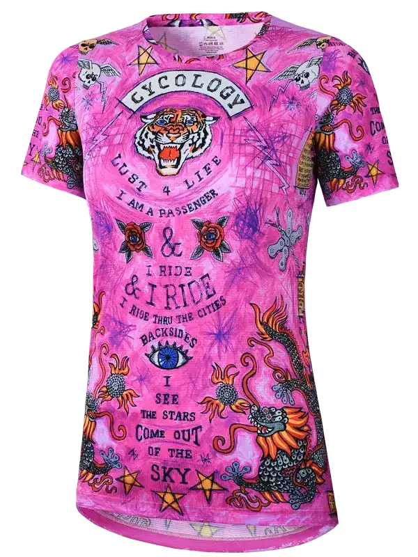 Pink women's cycling jersey with tiger, dragon, and stars design for road biking