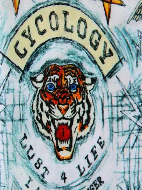 Tiger graphic cycling jersey with 'Cycology' and 'Lust 4 Life' text, bold design for cyclists