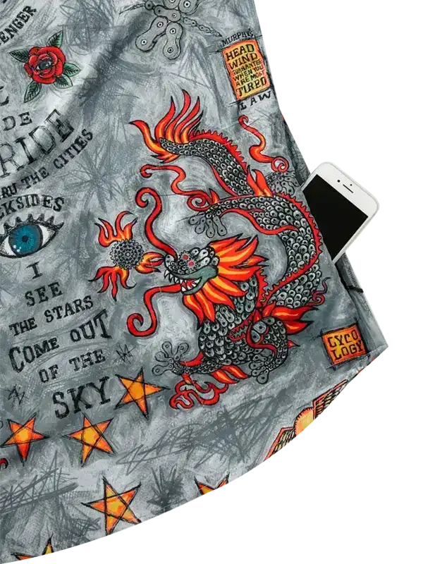 Men's cycling jersey with fiery dragon graphic, stars, and bold text design