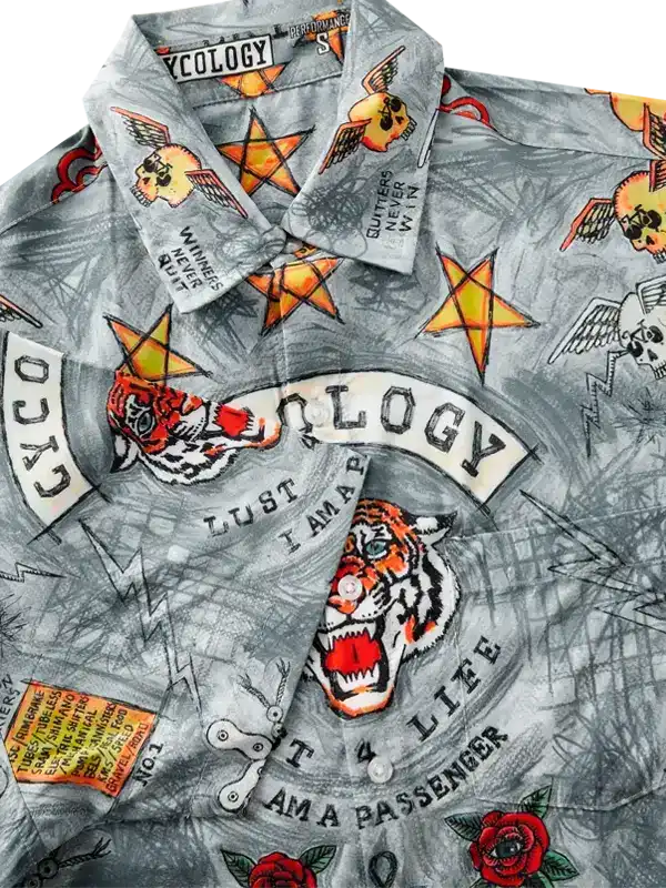 Men's cycling shirt with tiger, skull, and star print, bold graphics for bike riders