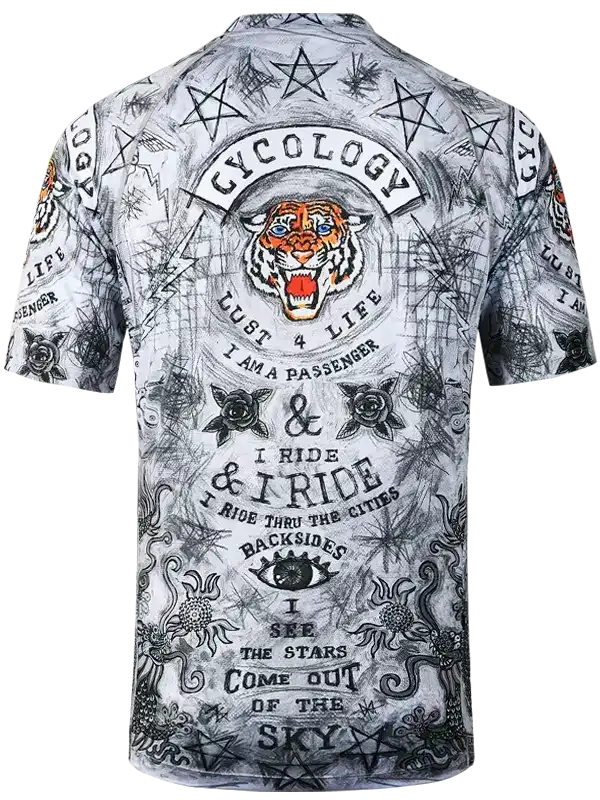 Men's cycling jersey with tiger graphic, stars, and bold text design for urban rides