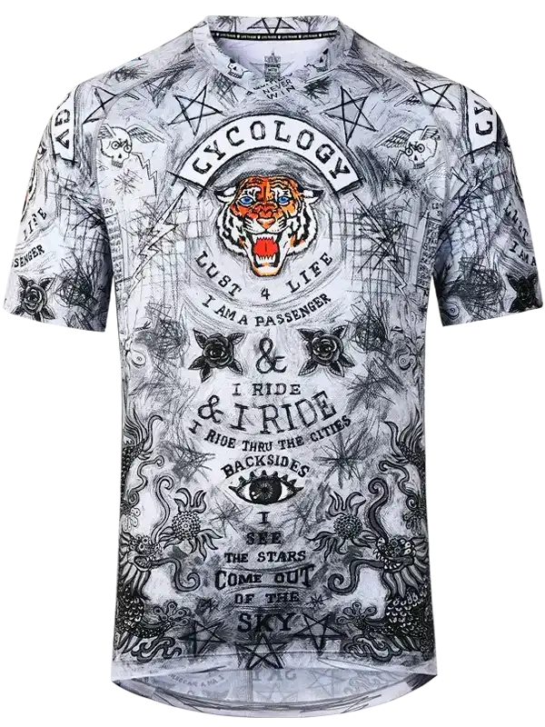 Men's cycling jersey with tiger graphic, occult symbols, and bold text design for road biking