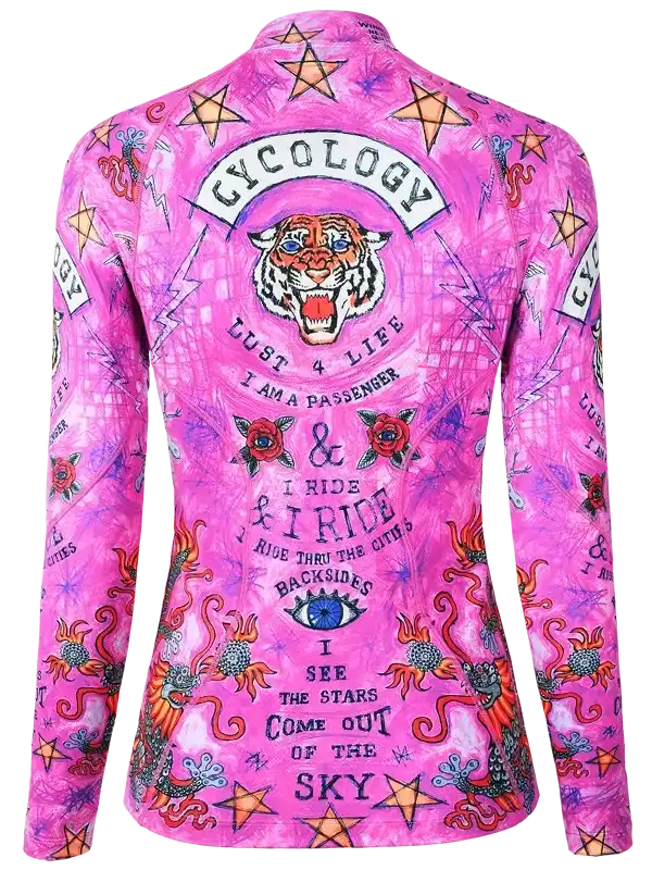Pink women's cycling jersey with tiger, stars, and bold graphics for road rides