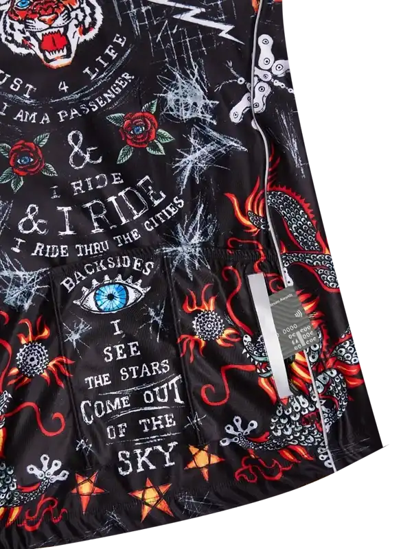 Men's cycling jersey with bold tiger, dragon, and rose graphics, edgy typography, and reflective details for urban rides.