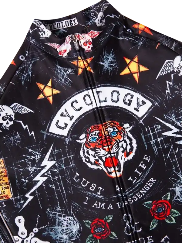 Men's cycling jersey with tiger, skulls, stars, and roses graphic design on black fabric