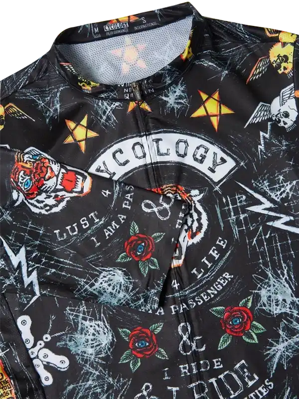 Men's cycling jersey with bold tiger, roses, and skull graphics on black fabric