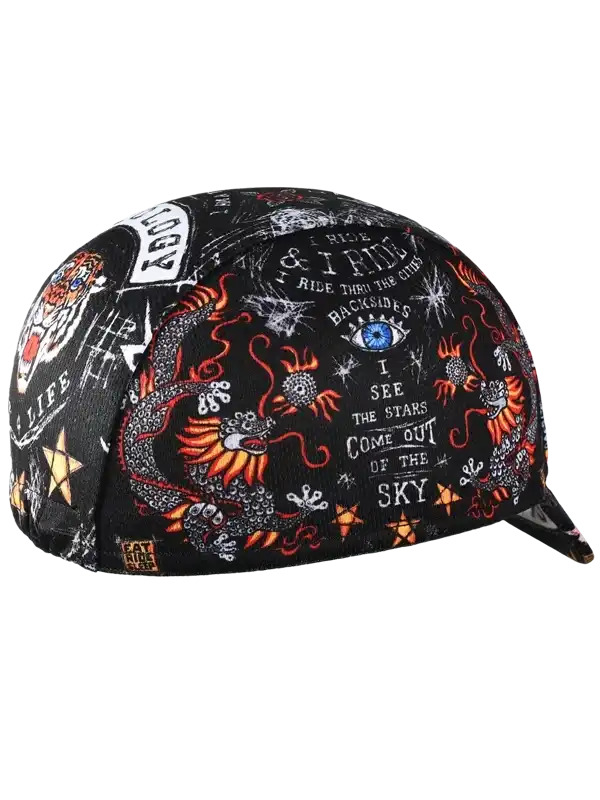 Black cycling cap with dragon and star design, ideal for men's and women's bike rides