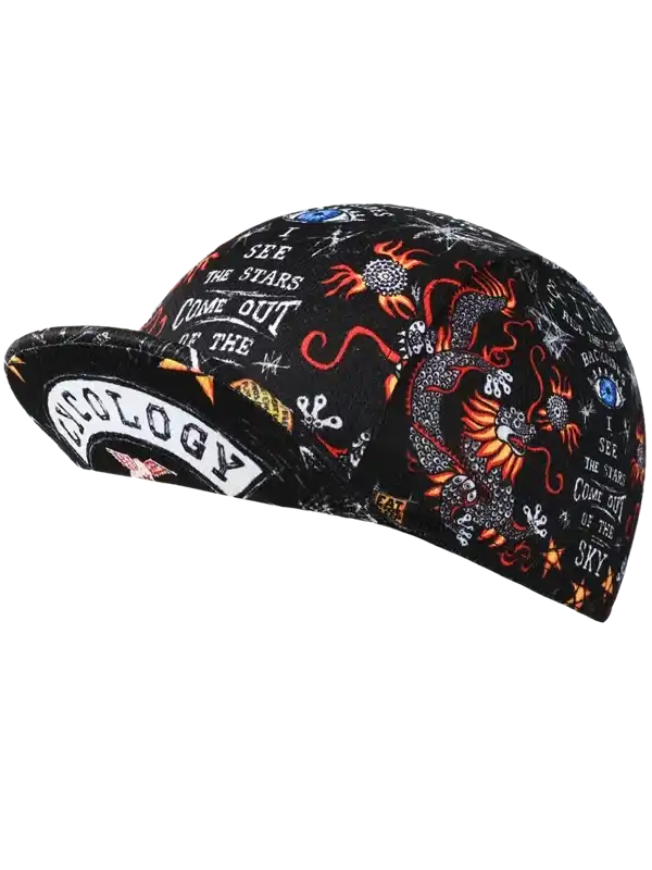 Black cycling cap with dragon and star design, featuring bold text and vibrant patterns for bike enthusiasts.