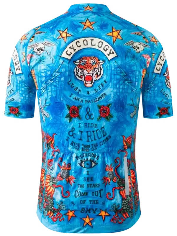 Blue cycling jersey with tiger, stars, roses, and bold graphics for men's and women's rides